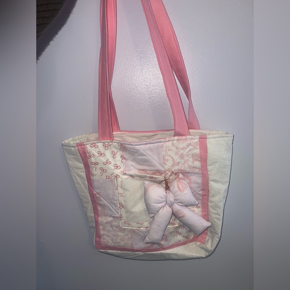 Pink and Cream Tote Bag and bow
 keychain
